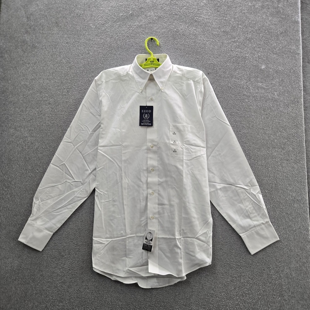 IZOD Men Button Up Shirt 16X34 White Pinpoint Long Sleeve NWT